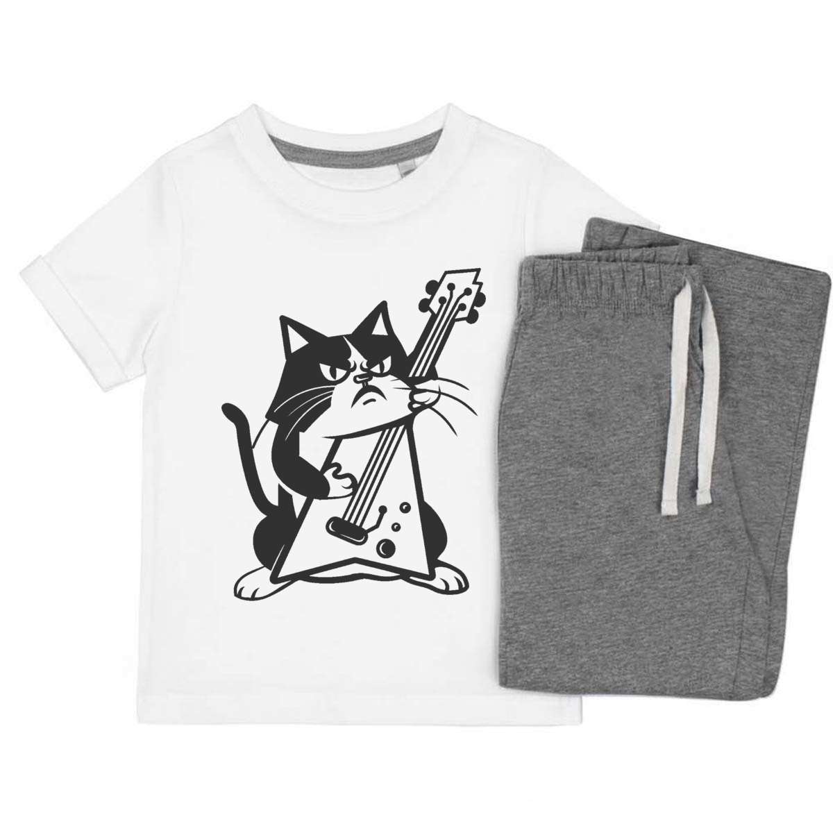 'Mad Cat Playing Electric Guitar' Kids Cotton Pyjama Set – Comfortable Children's Nightwear, Sleepwear and Loungewear -  Unisex for Boys and Girls – Grey (KP048857)