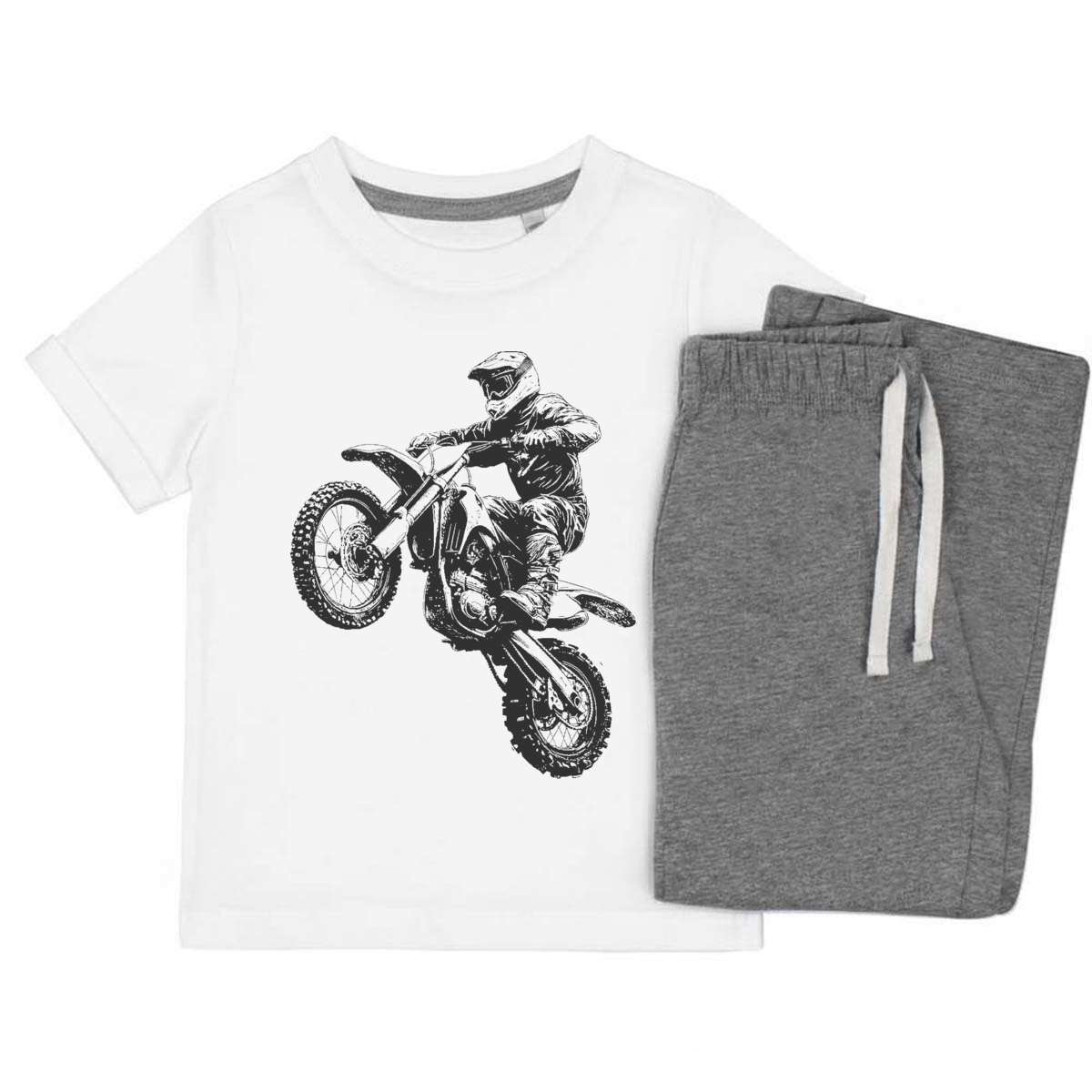 'Dirt Bike Jump' Kids Cotton Pyjama Set – Comfortable Children's Nightwear, Sleepwear and Loungewear -  Unisex for Boys and Girls – Grey (KP049223)