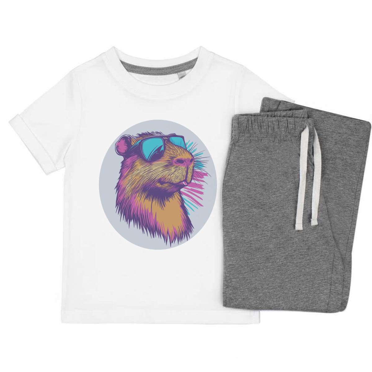 'Capybara Wearing Sunglasses ' Kids Cotton Pyjama Set – Comfortable Children's Nightwear, Sleepwear and Loungewear -  Unisex for Boys and Girls - Grey, 3-4 Years (KP00174937)
