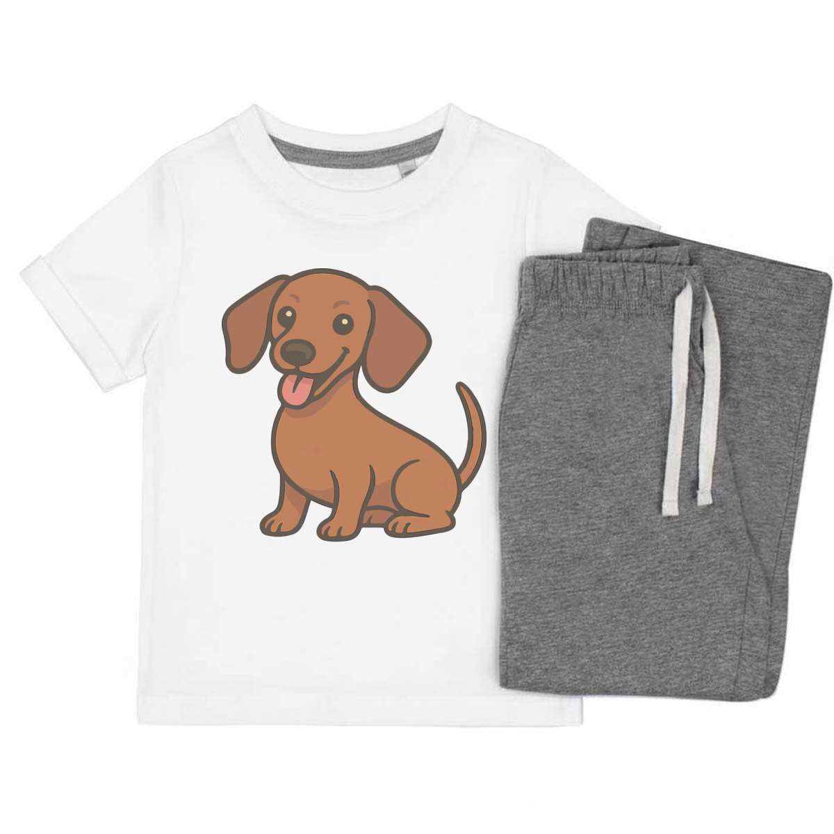 'Miniature Dachshund Dog' Kids Cotton Pyjama Set – Comfortable Children's Nightwear, Sleepwear and Loungewear -  Unisex for Boys and Girls – Grey (KP054446)