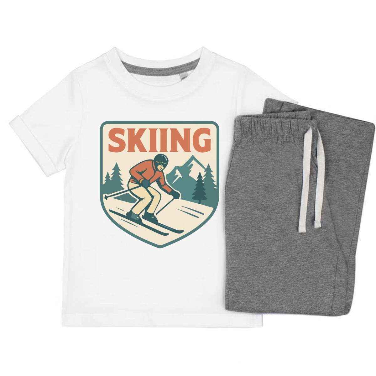 'Skiing Emblem Mountains' Kids Cotton Pyjama Set – Comfortable Children's Nightwear, Sleepwear and Loungewear -  Unisex for Boys and Girls – Grey (KP055349)