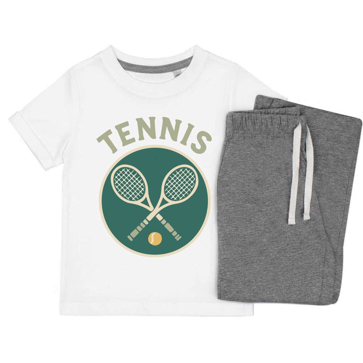 'Tennis Rackets' Kids Cotton Pyjama Set – Comfortable Children's Nightwear, Sleepwear and Loungewear -  Unisex for Boys and Girls – Grey (KP055359)