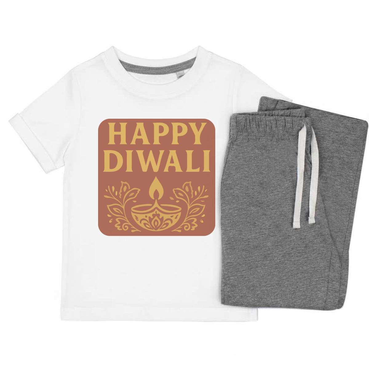 'Happy Diwali Festival Design' Kids Cotton Pyjama Set – Comfortable Children's Nightwear, Sleepwear and Loungewear -  Unisex for Boys and Girls – Grey (KP055389)