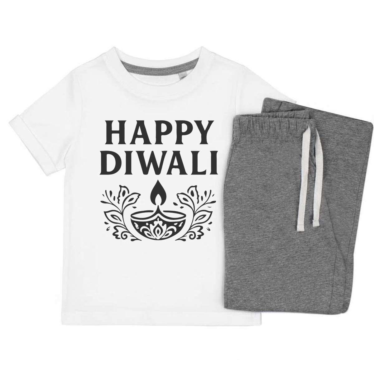 'Happy Diwali Festival Design' Kids Cotton Pyjama Set – Comfortable Children's Nightwear, Sleepwear and Loungewear -  Unisex for Boys and Girls – Grey (KP055390)