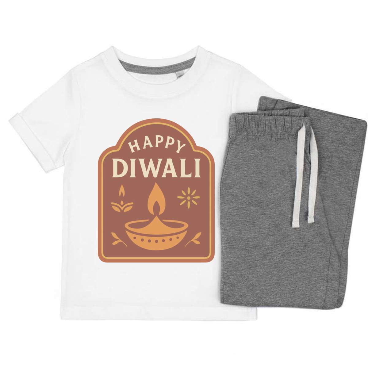 'Happy Diwali Celebratory Design' Kids Cotton Pyjama Set – Comfortable Children's Nightwear, Sleepwear and Loungewear -  Unisex for Boys and Girls – Grey (KP055391)