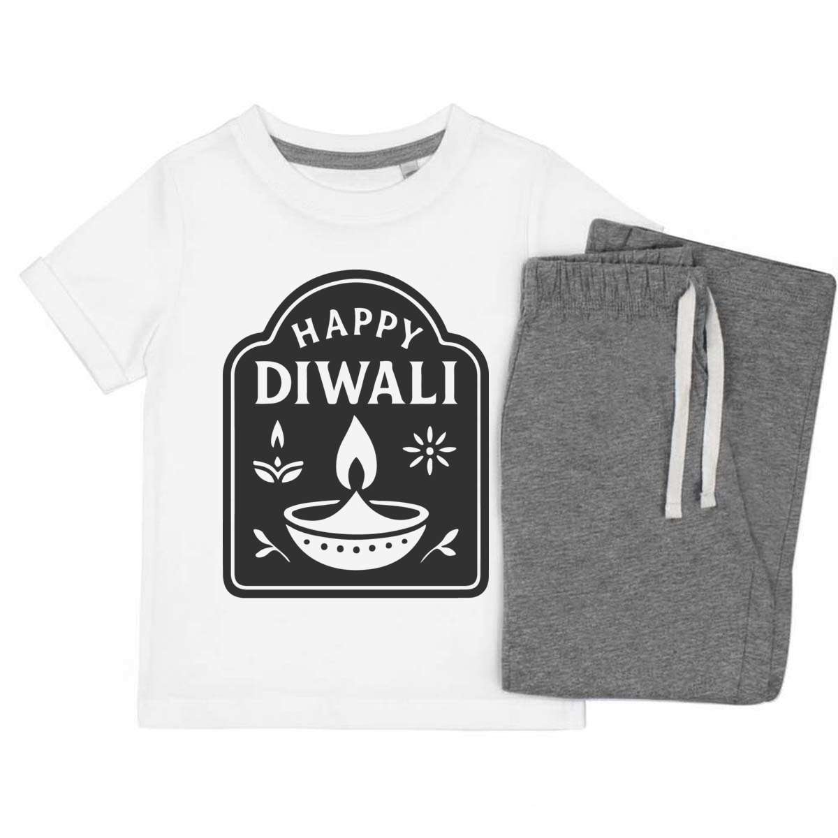 'Happy Diwali Celebratory Design' Kids Cotton Pyjama Set – Comfortable Children's Nightwear, Sleepwear and Loungewear -  Unisex for Boys and Girls – Grey (KP055392)