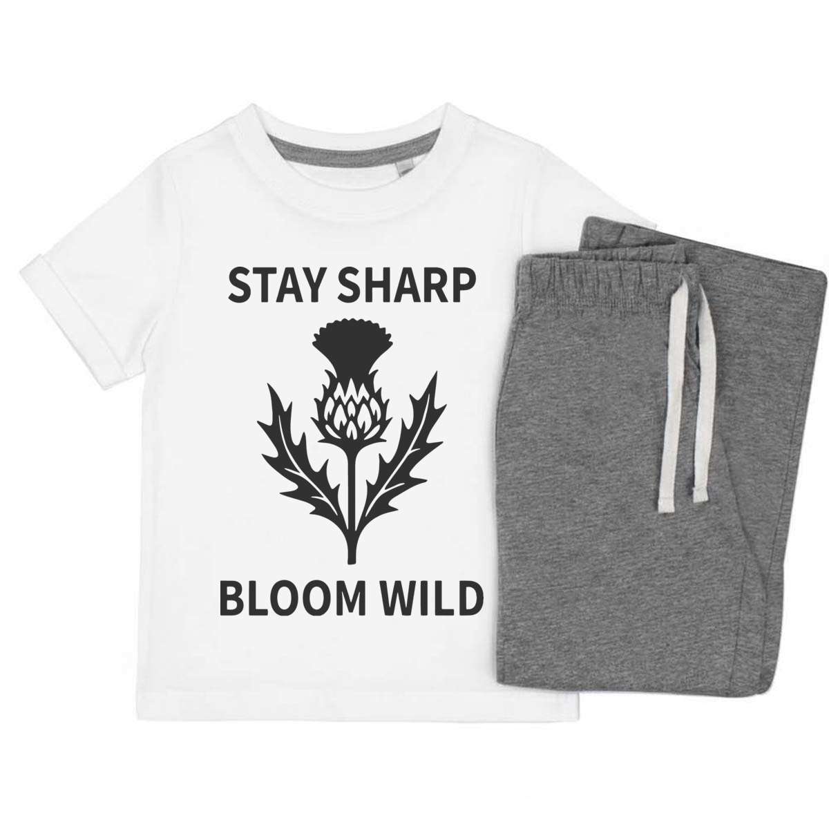 'Thistles Stay Sharp Bloom Wild' Kids Cotton Pyjama Set – Comfortable Children's Nightwear, Sleepwear and Loungewear -  Unisex for Boys and Girls – Grey (KP055400)