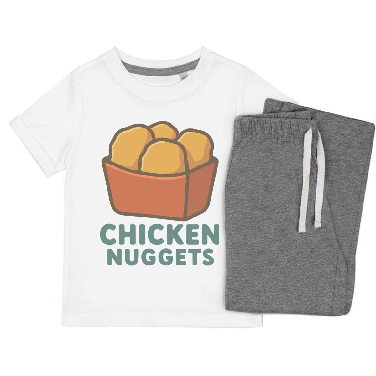 'Chicken Nuggets' Kids Cotton Pyjama Set – Comfortable Children's Nightwear, Sleepwear and Loungewear -  Unisex for Boys and Girls – Grey (KP055601)