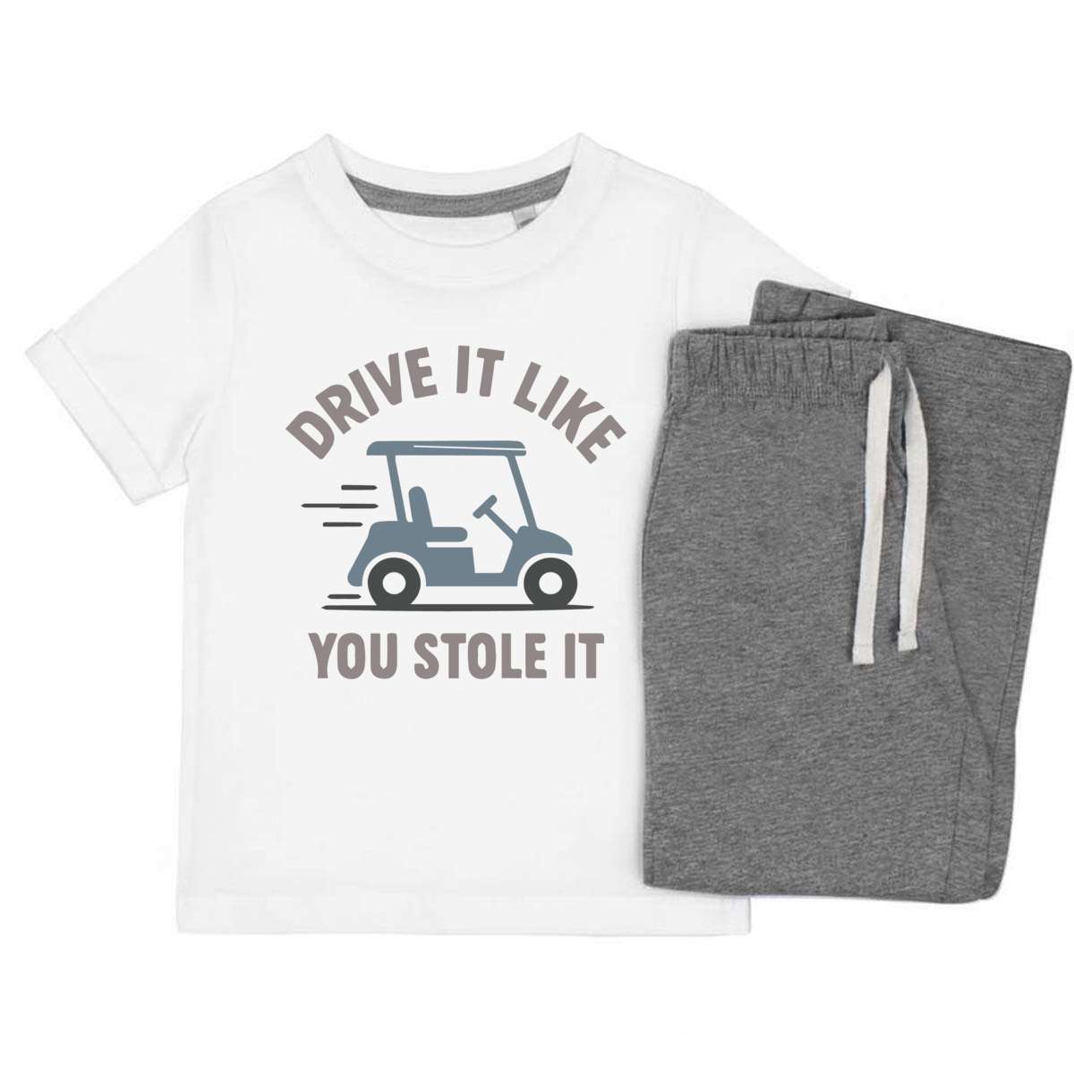 'Golf Cart Motto' Kids Cotton Pyjama Set – Comfortable Children's Nightwear, Sleepwear and Loungewear -  Unisex for Boys and Girls – Grey (KP056384)