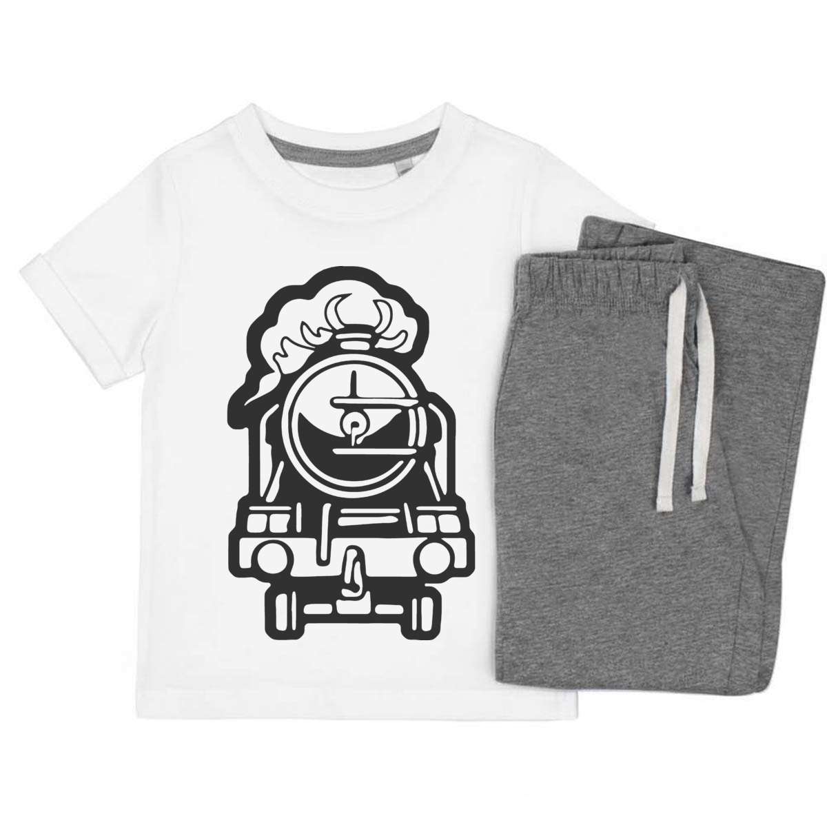 'Classic Steam Train' Kids Cotton Pyjama Set – Comfortable Children's Nightwear, Sleepwear and Loungewear -  Unisex for Boys and Girls – Grey (KP056492)