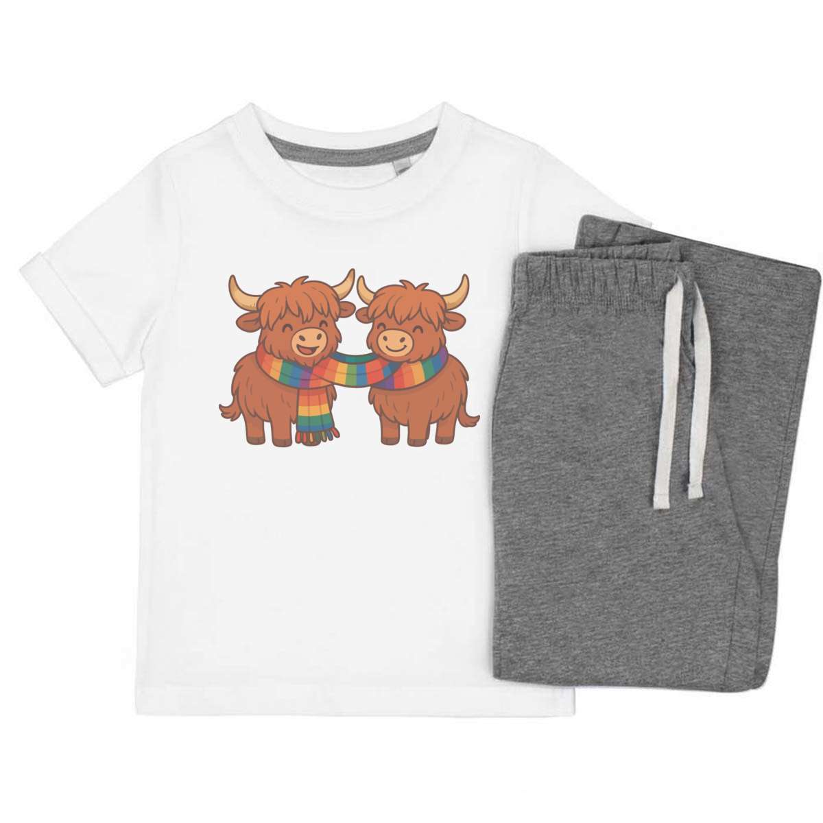 'Winter Highland Cows' Kids Cotton Pyjama Set - Grey, 3-4 Years - Children's Nightwear / Sleepwear for Boys and Girls (KP00197397)
