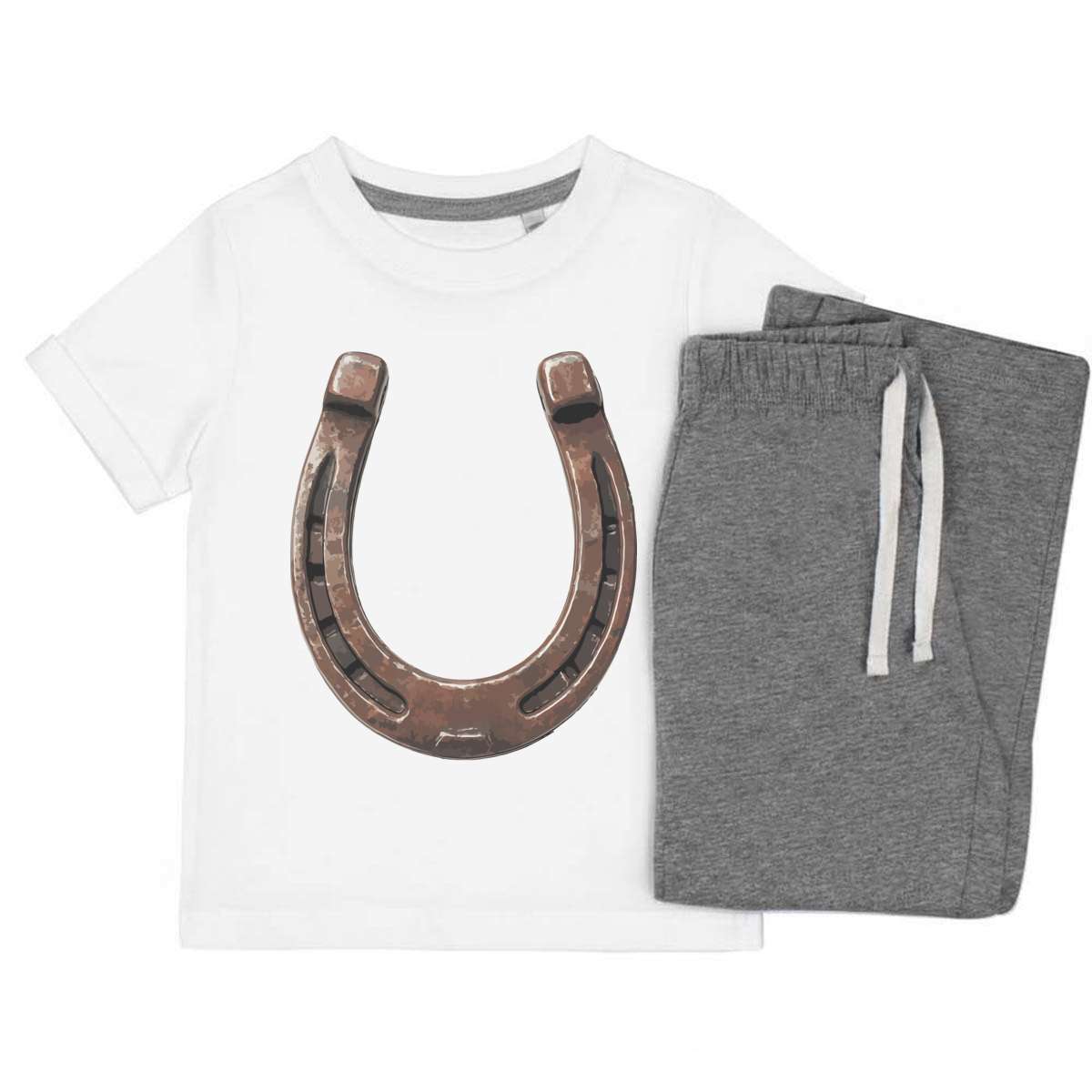 'Rustic Old Rusty Horseshoe For Good Luck' Kids Cotton Pyjama Set – Comfortable Children's Nightwear, Sleepwear and Loungewear -  Unisex for Boys and Girls – Grey (KP057743)