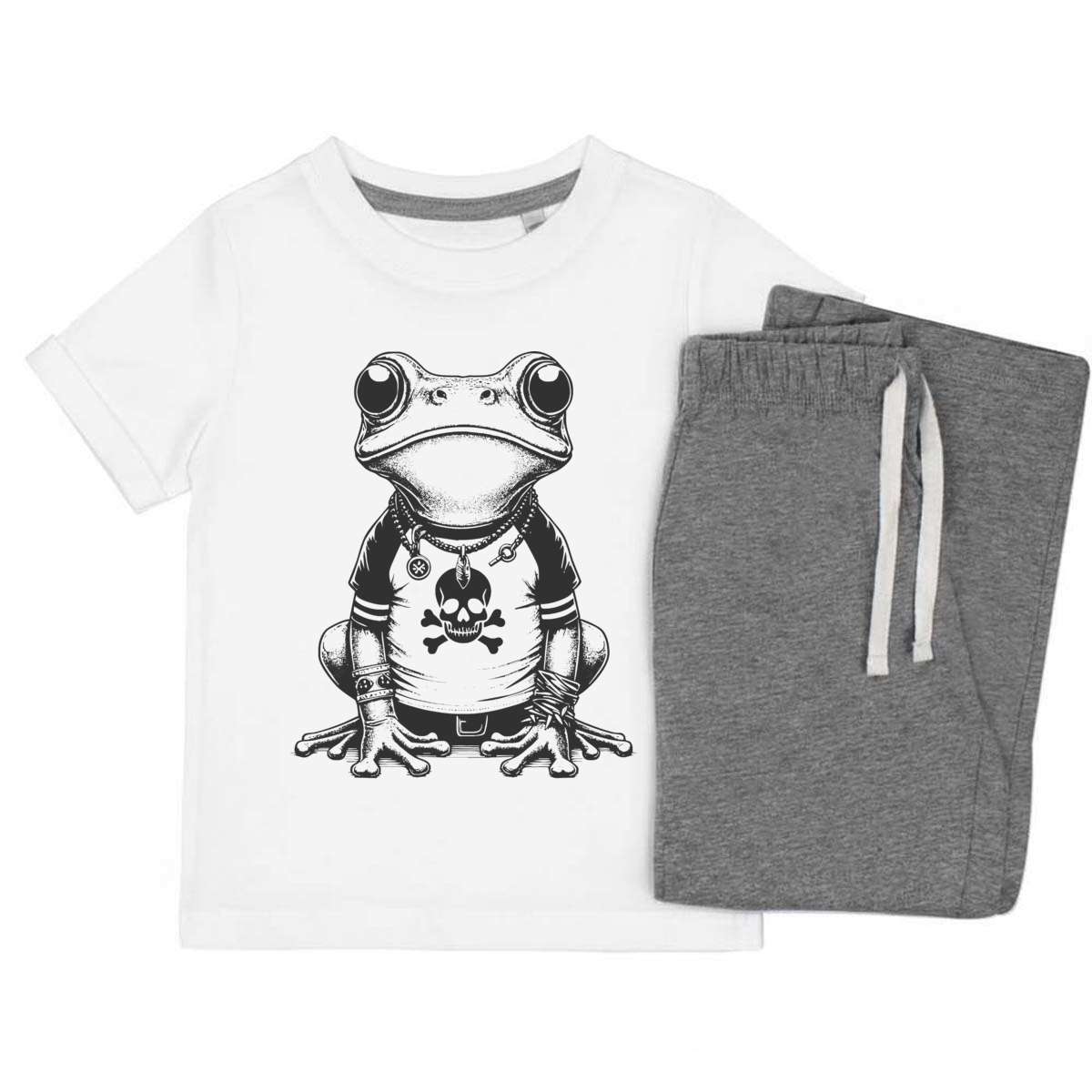 'Punk Frog' Kids Cotton Pyjama Set – Comfortable Children's Nightwear, Sleepwear and Loungewear -  Unisex for Boys and Girls – Grey (KP058004)
