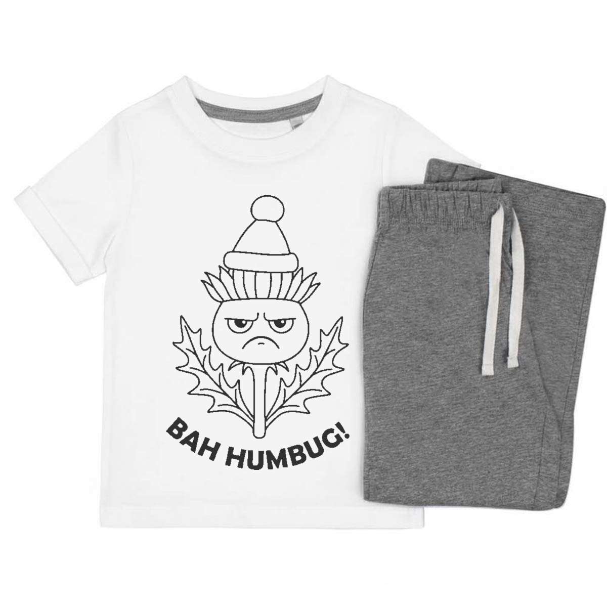 'Bah Humbug ! Grumpy Scottish Thistle ' Kids Cotton Pyjama Set – Comfortable Children's Nightwear, Sleepwear and Loungewear -  Unisex for Boys and Girls – Grey (KP058609)