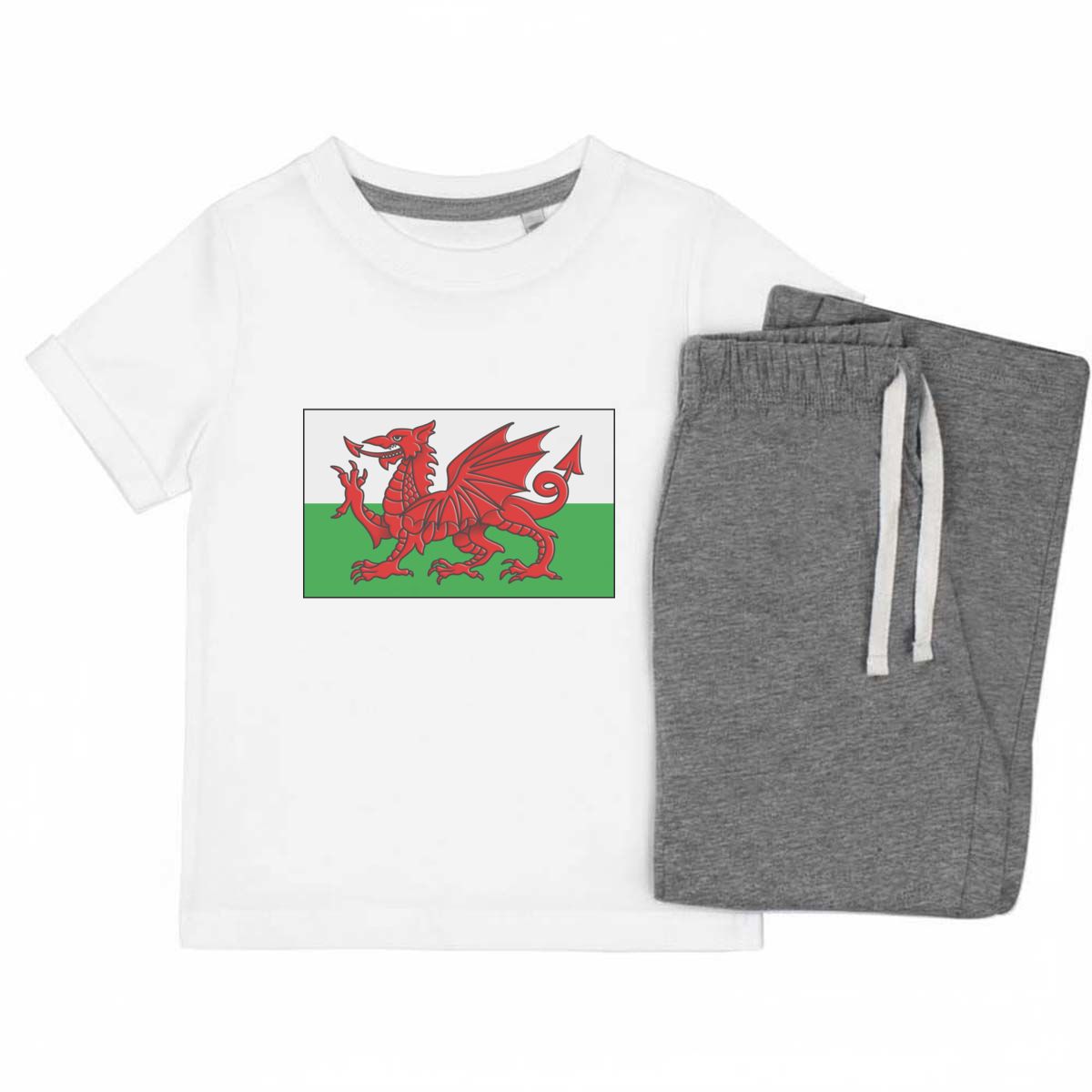 'Welsh Flag' Kids Cotton Pyjama Set – Comfortable Children's Nightwear, Sleepwear and Loungewear - Patriotic Cymru Banner Red Beast - Unisex for Boys and Girls - Grey, 5-6 Years (K