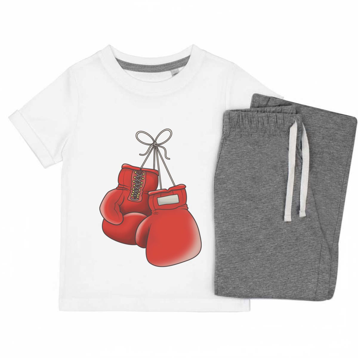 'Boxing Gloves' Kids Cotton Pyjama Set – Comfortable Children's Nightwear, Sleepwear and Loungewear - Red Fight Sports Gear Hanging - Unisex for Boys and Girls - Grey, 5-6 Years (K