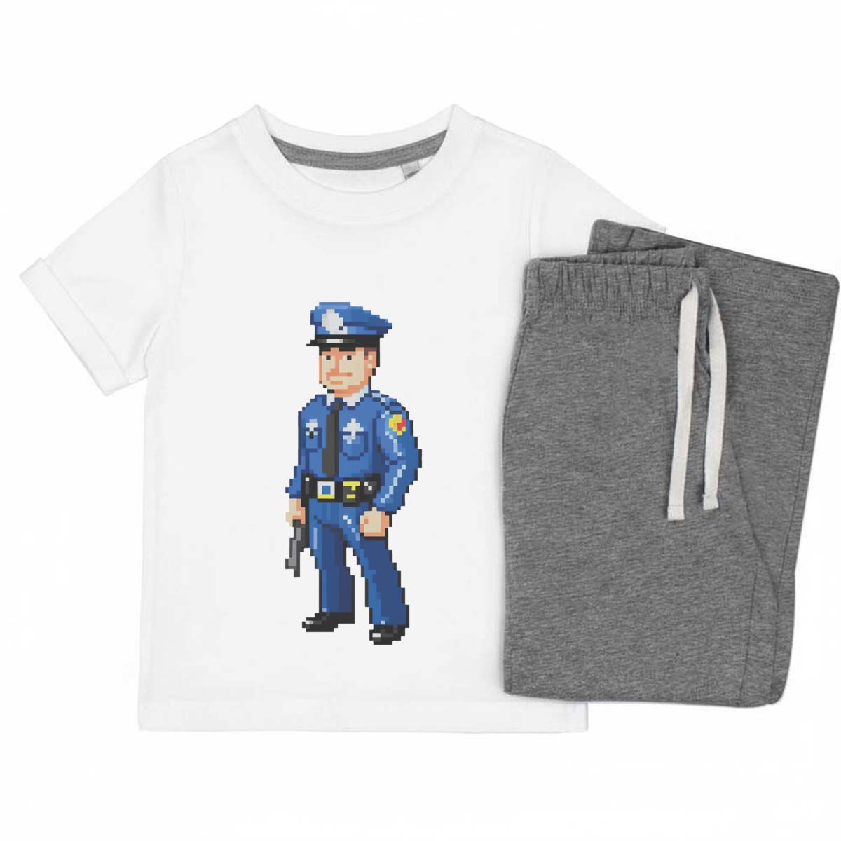 'Pixel Art Police Officer' Kids Cotton Pyjama Set – Comfortable Children's Nightwear, Sleepwear and Loungewear -  Unisex for Boys and Girls - Grey, 5-6 Years (KP00140802)