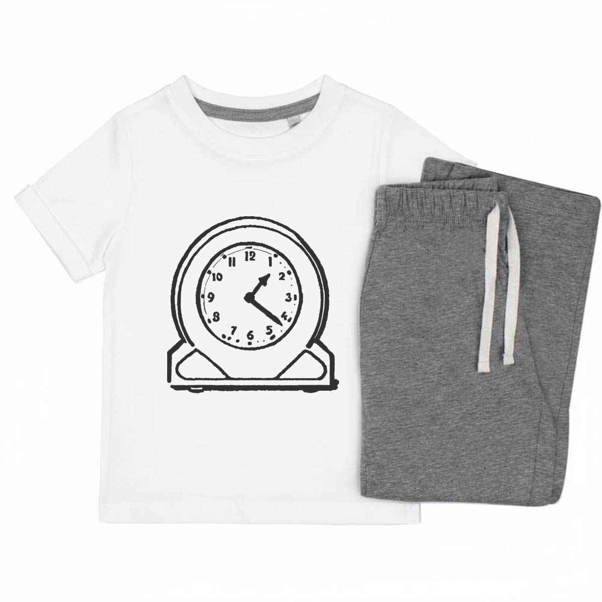 'Retro Analogue Desk Clock' Kids Cotton Pyjama Set – Comfortable Children's Nightwear, Sleepwear and Loungewear -  Unisex for Boys and Girls - Grey, 5-6 Years (KP00148574)