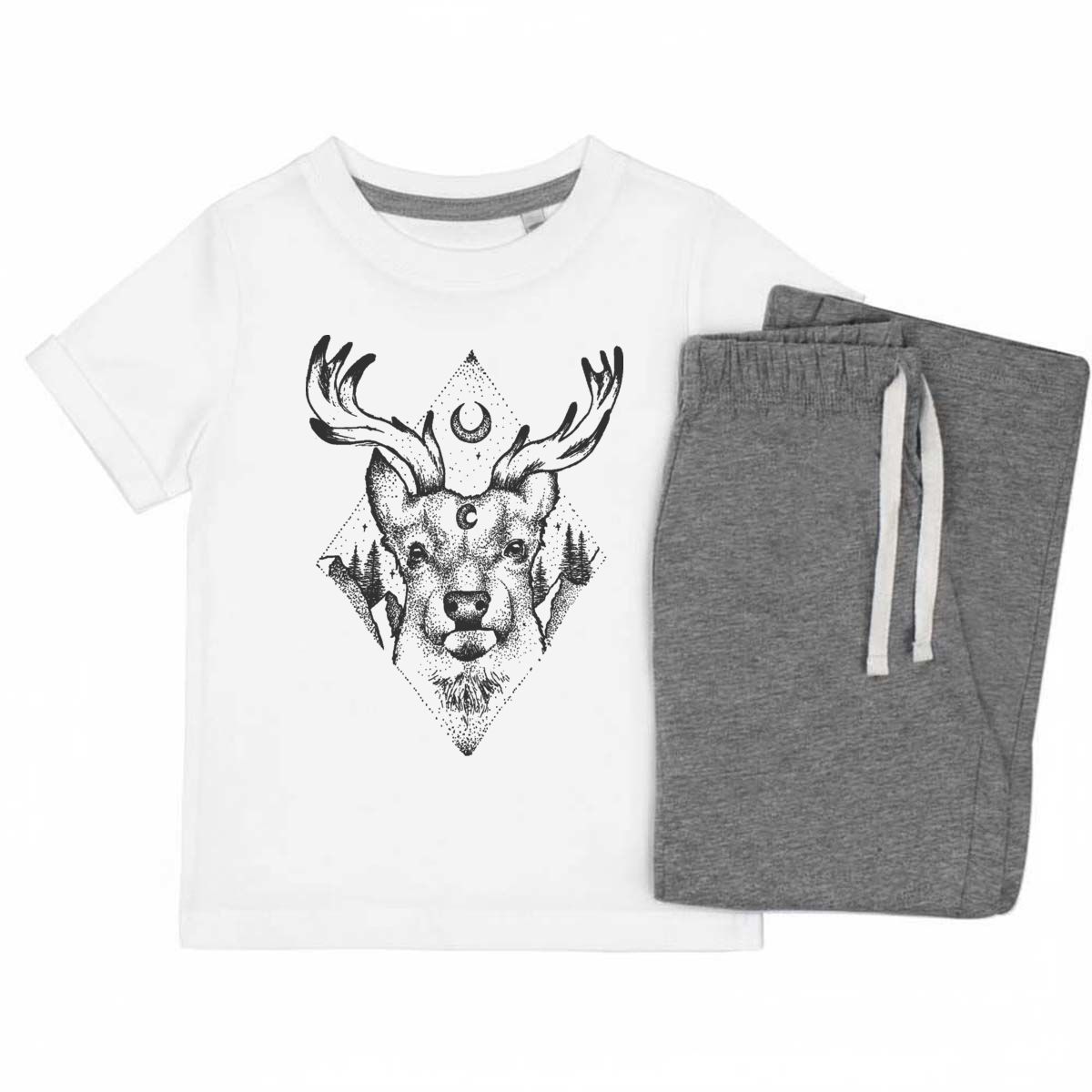'Cosmic Stag Head' Kids Cotton Pyjama Set – Comfortable Children's Nightwear, Sleepwear and Loungewear -  Unisex for Boys and Girls - Grey, 7-8 Years (KP00016127)