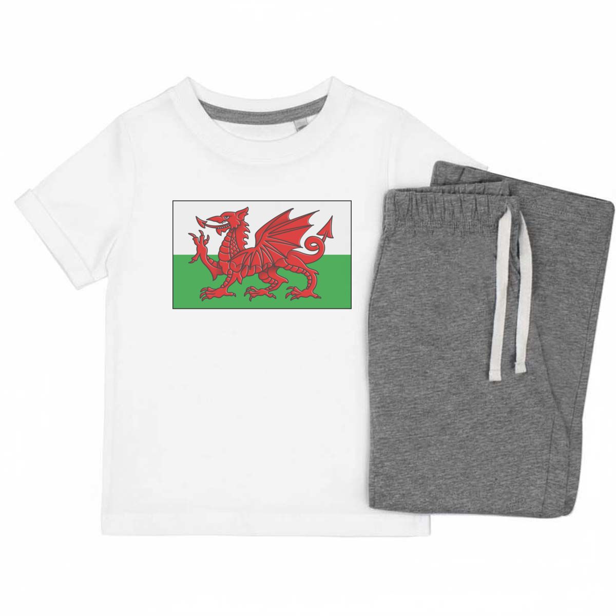 'Welsh Flag' Kids Cotton Pyjama Set – Comfortable Children's Nightwear, Sleepwear and Loungewear - Patriotic Cymru Banner Red Beast - Unisex for Boys and Girls - Grey, 7-8 Years (K