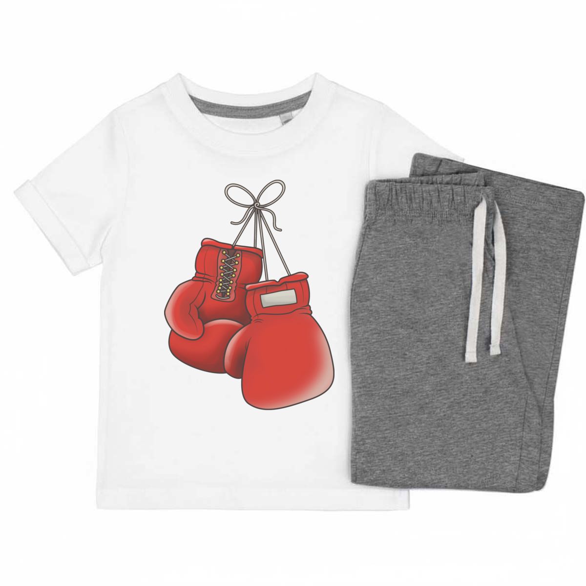 'Boxing Gloves' Kids Cotton Pyjama Set - Grey, 7-8 Years - Red Fight Sports Gear Hanging - Children's Nightwear / Sleepwear for Boys and Girls (KP00016799)