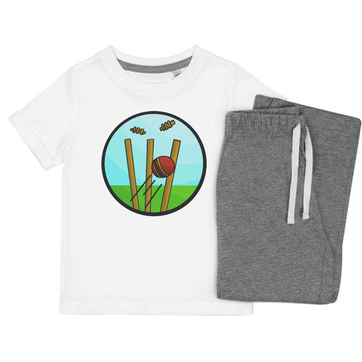 'Cricket Wickets' Kids Cotton Pyjama Set – Comfortable Children's Nightwear, Sleepwear and Loungewear -  Unisex for Boys and Girls - Grey, 7-8 Years (KP00051835)
