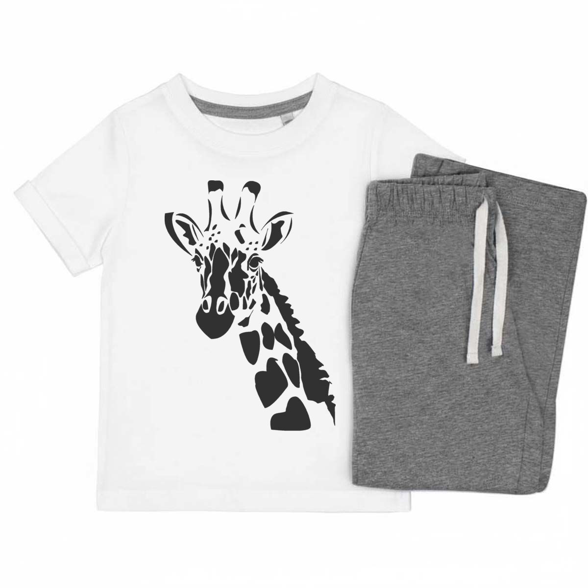 'Giraffe' Kids Cotton Pyjama Set – Comfortable Children's Nightwear, Sleepwear and Loungewear - Tall Safari Animal Silhouette Spots - Unisex for Boys and Girls - Grey, 7-8 Years (K