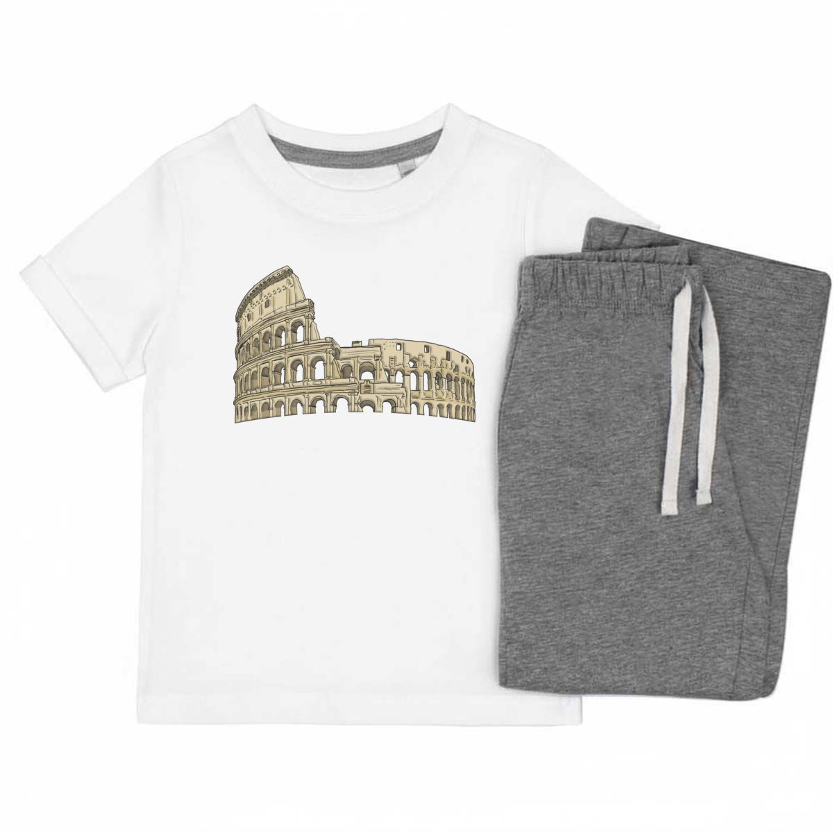 'Roman Colosseum' Kids Cotton Pyjama Set – Comfortable Children's Nightwear, Sleepwear and Loungewear -  Unisex for Boys and Girls - Grey, 7-8 Years (KP00064135)