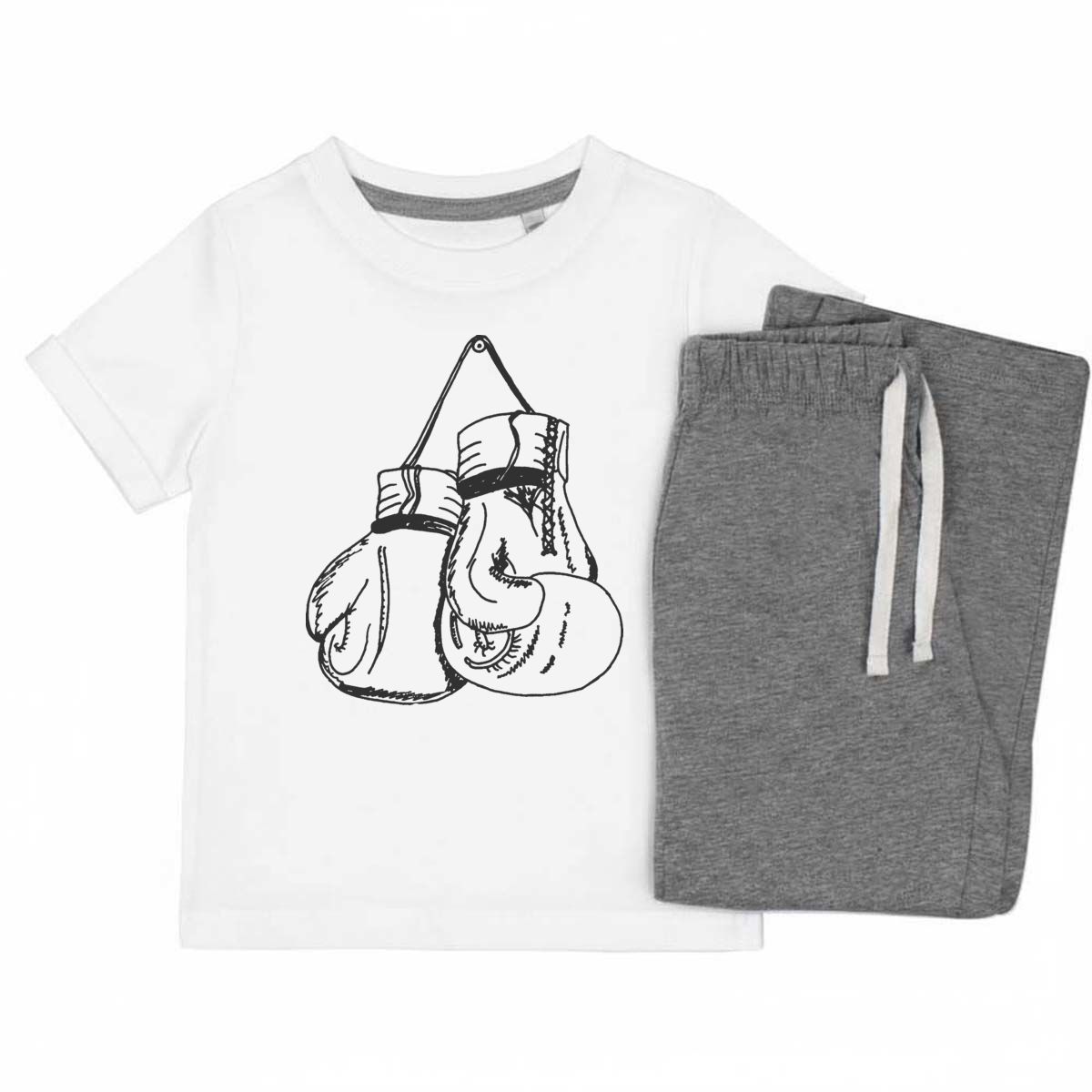 'Hanging Boxing Gloves' Kids Cotton Pyjama Set – Comfortable Children's Nightwear, Sleepwear and Loungewear -  Unisex for Boys and Girls - Grey, 7-8 Years (KP00066147)