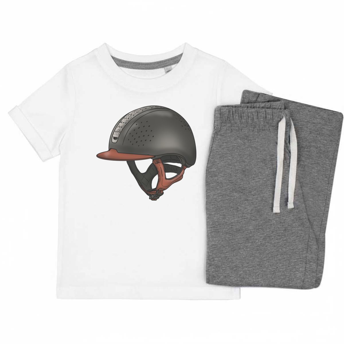 'Horse Riding Helmet' Kids Cotton Pyjama Set – Comfortable Children's Nightwear, Sleepwear and Loungewear -  Unisex for Boys and Girls - Grey, 7-8 Years (KP00082605)