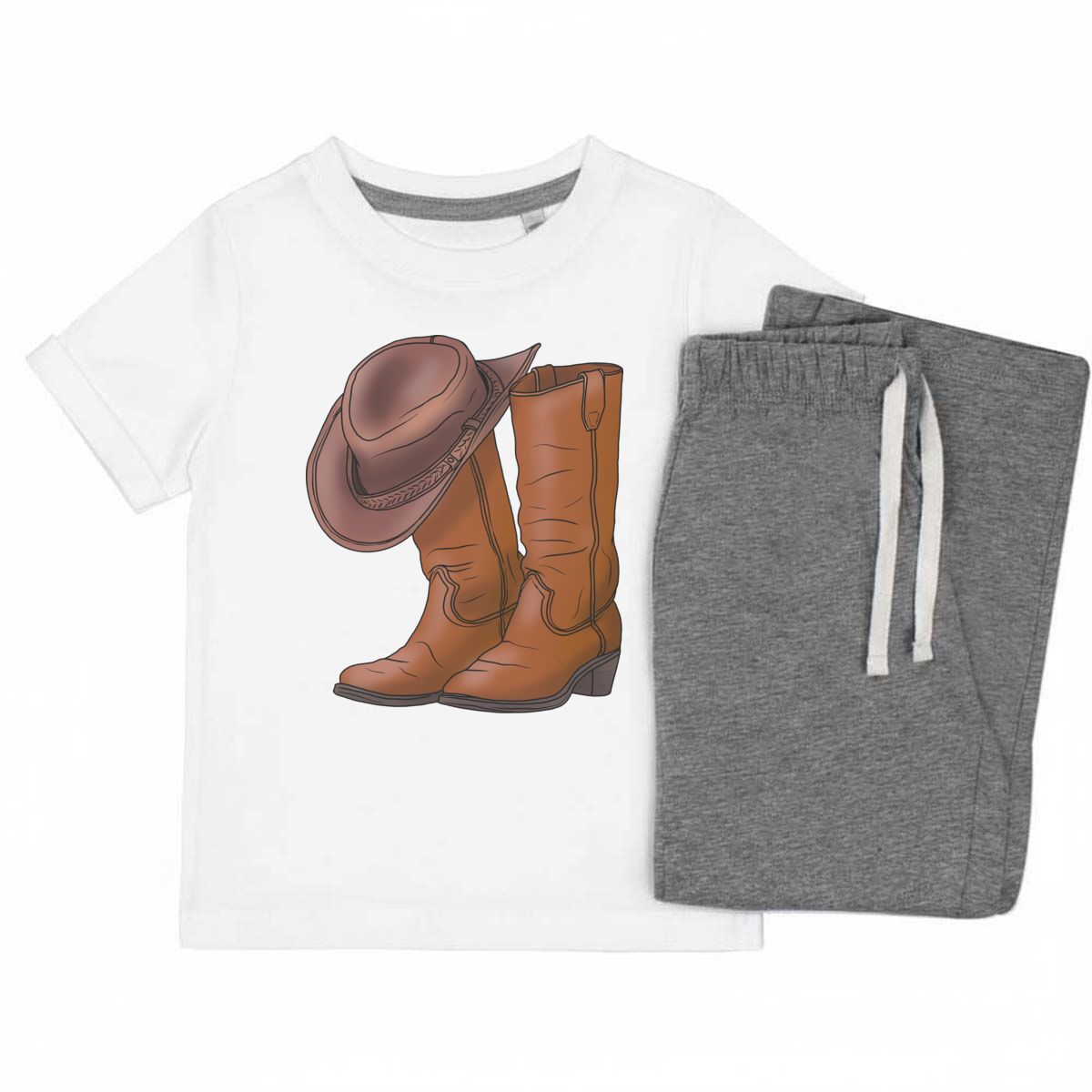 'Cowboy Boots & Hat' Kids Cotton Pyjama Set – Comfortable Children's Nightwear, Sleepwear and Loungewear -  Unisex for Boys and Girls - Grey, 7-8 Years (KP00116562)