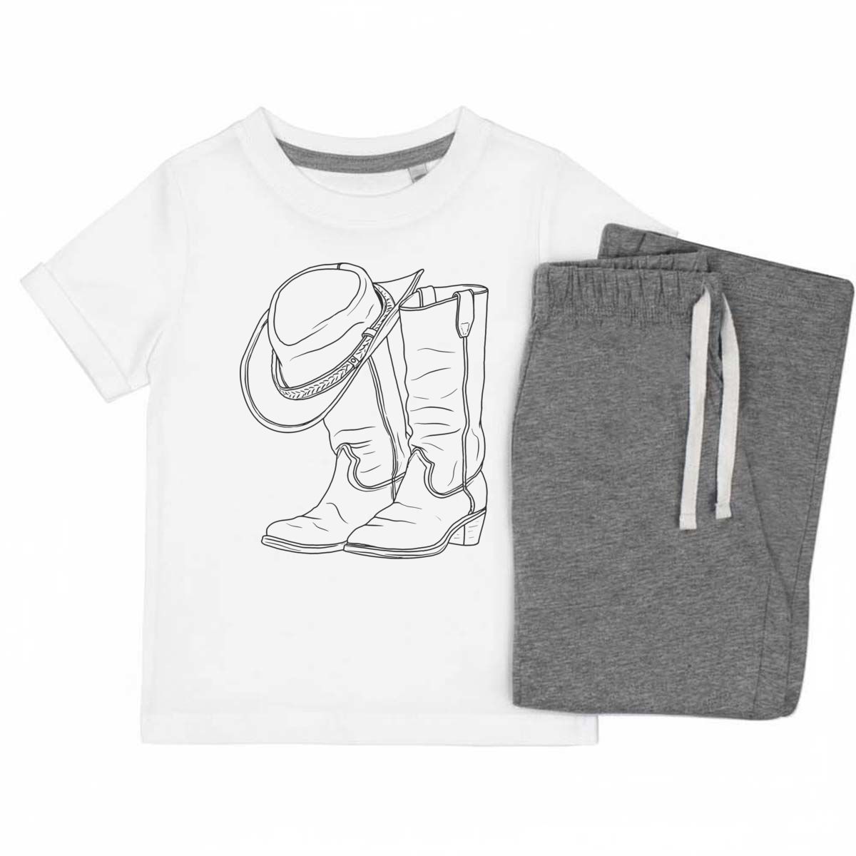 'Cowboy Boots & Hat' Kids Cotton Pyjama Set – Comfortable Children's Nightwear, Sleepwear and Loungewear -  Unisex for Boys and Girls - Grey, 7-8 Years (KP00116602)