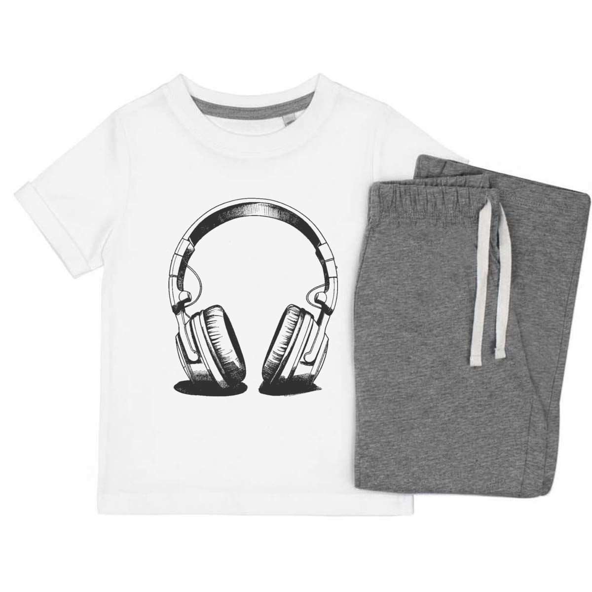 'Headphones' Kids Cotton Pyjama Set – Comfortable Children's Nightwear, Sleepwear and Loungewear -  Unisex for Boys and Girls - Grey, 7-8 Years (KP00130988)