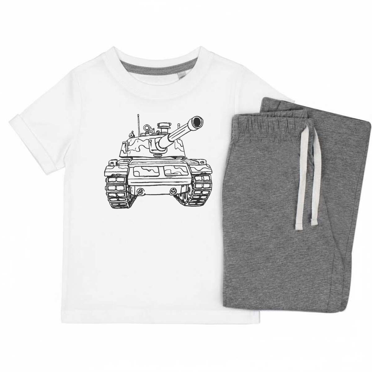 'Army Tank' Kids Cotton Pyjama Set – Comfortable Children's Nightwear, Sleepwear and Loungewear -  Unisex for Boys and Girls - Grey, 7-8 Years (KP00138554)