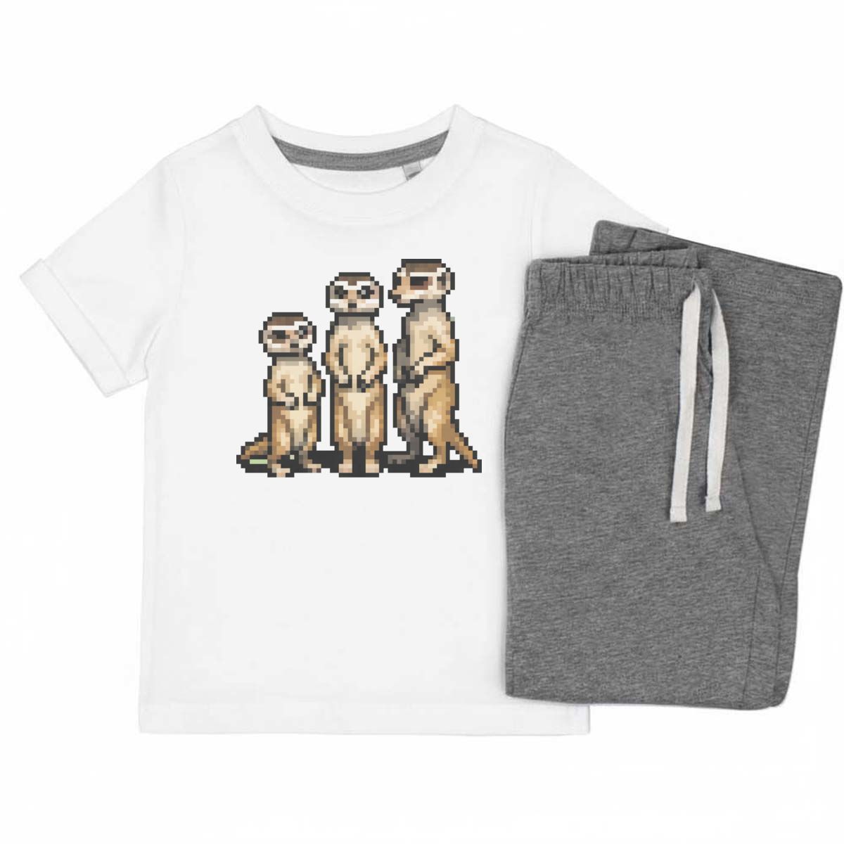 'Pixel Art Meerkat Family' Kids Cotton Pyjama Set – Comfortable Children's Nightwear, Sleepwear and Loungewear -  Unisex for Boys and Girls - Grey, 7-8 Years (KP00141143)
