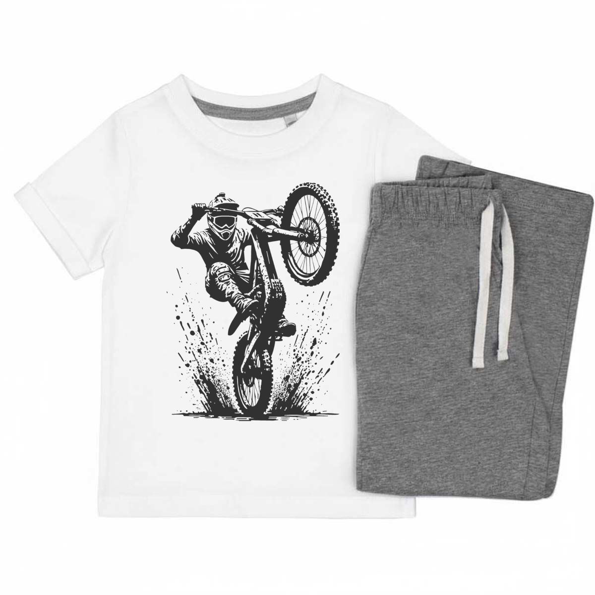'Muddy Mountain Bike Wheelie' Kids Cotton Pyjama Set – Comfortable Children's Nightwear, Sleepwear and Loungewear -  Unisex for Boys and Girls - Grey, 7-8 Years (KP00157319)