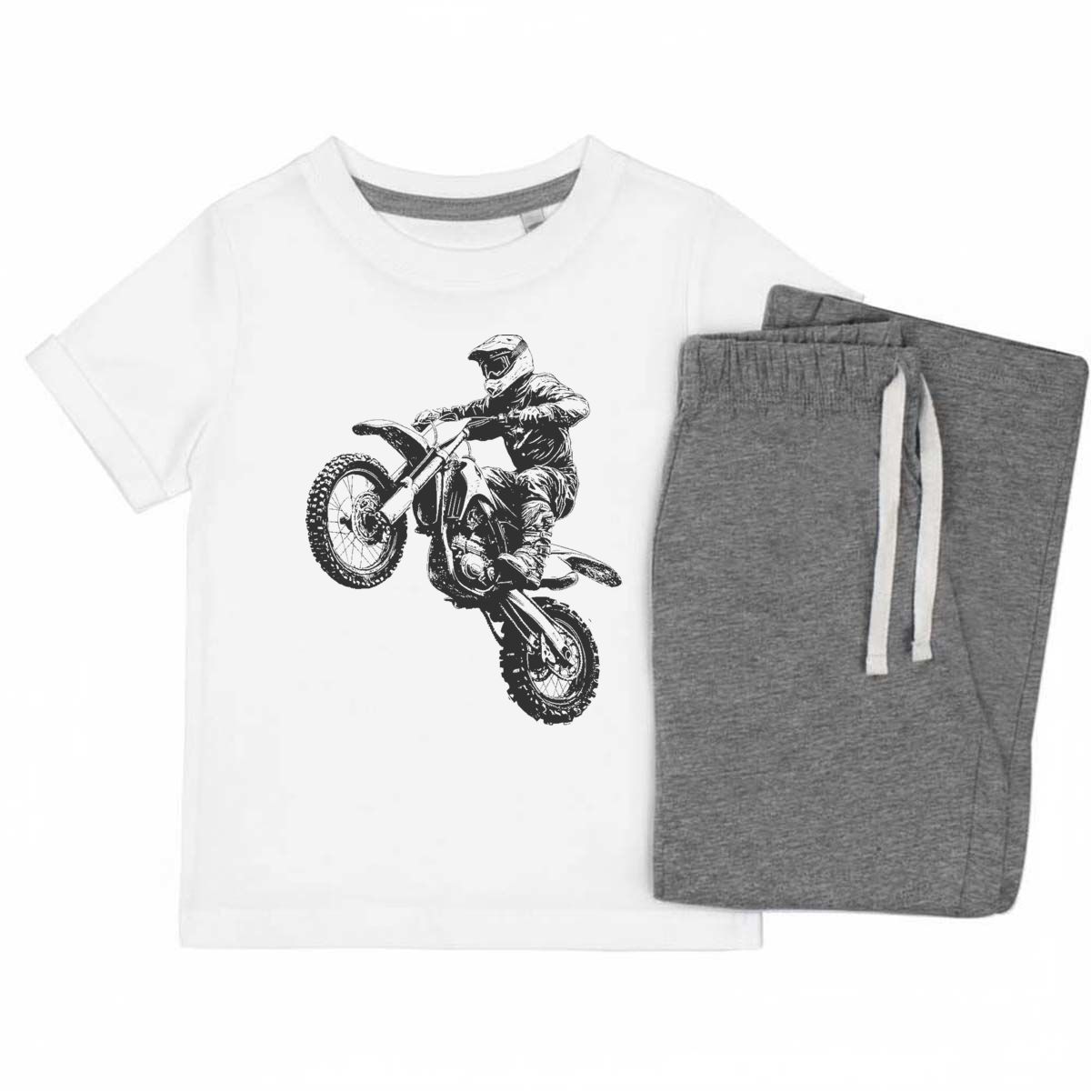 'Dirt Bike Jump' Kids Cotton Pyjama Set – Comfortable Children's Nightwear, Sleepwear and Loungewear -  Unisex for Boys and Girls - Grey, 7-8 Years (KP00159239)