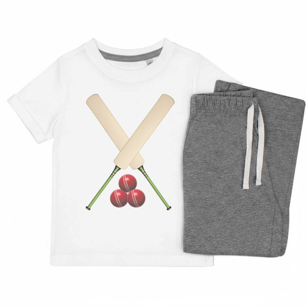 'Cricket Bats and Balls' Kids Cotton Pyjama Set - Grey, 7-8 Years - Children's Nightwear / Sleepwear for Boys and Girls (KP00171610)