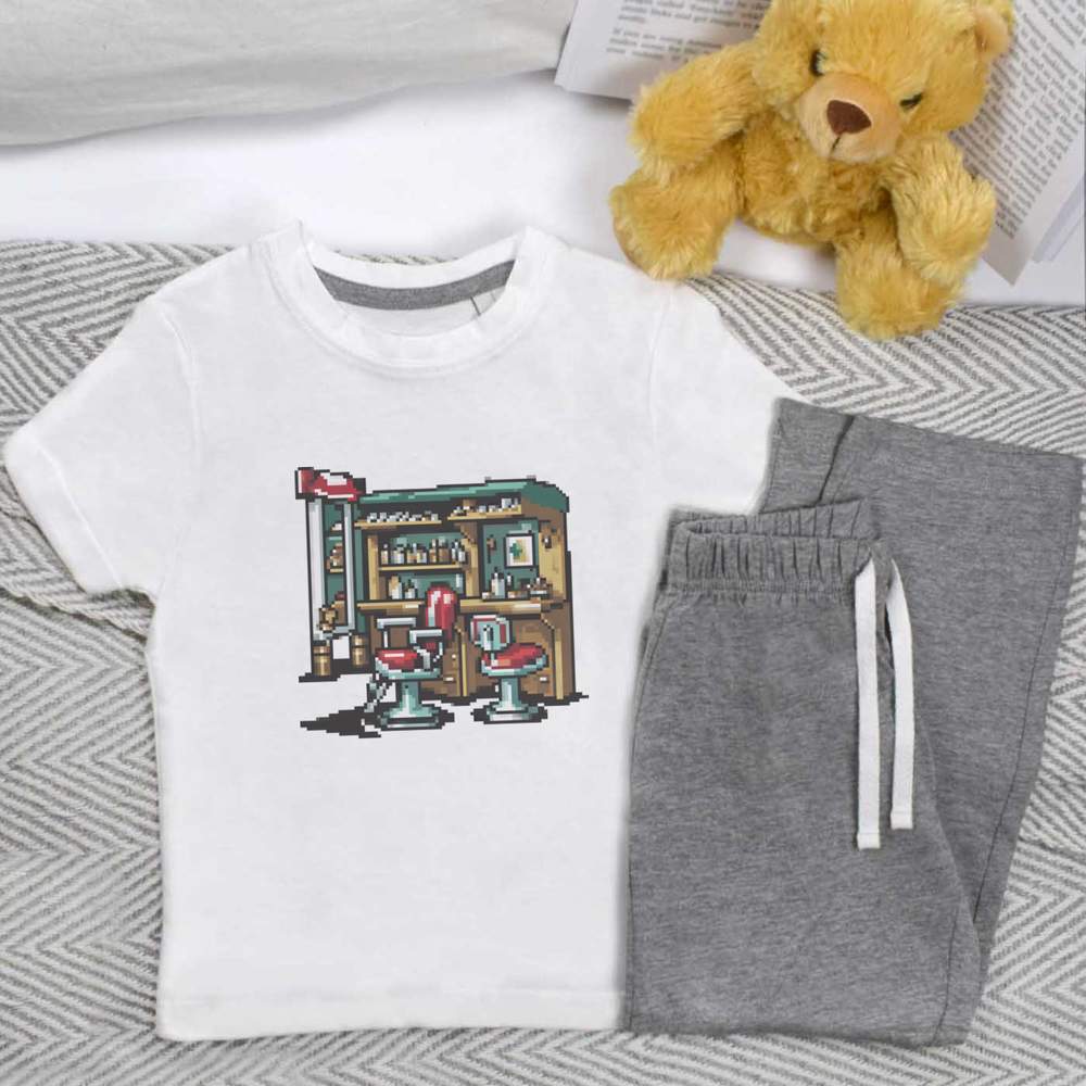 'Barber Shop Decor Pixel Art' Kids Nightwear / Pyjama Set (KP045229) - Picture 8 of 10