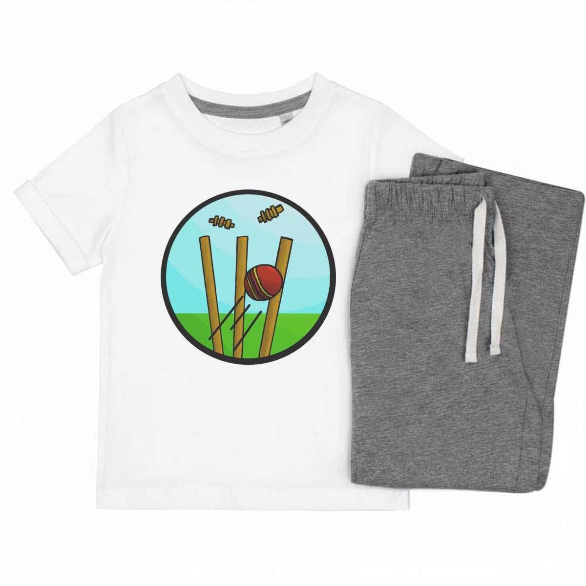'Cricket Wickets' Kids Cotton Pyjama Set – Comfortable Children's Nightwear, Sleepwear and Loungewear -  Unisex for Boys and Girls - Grey, 9-10 Years (KP00051836)