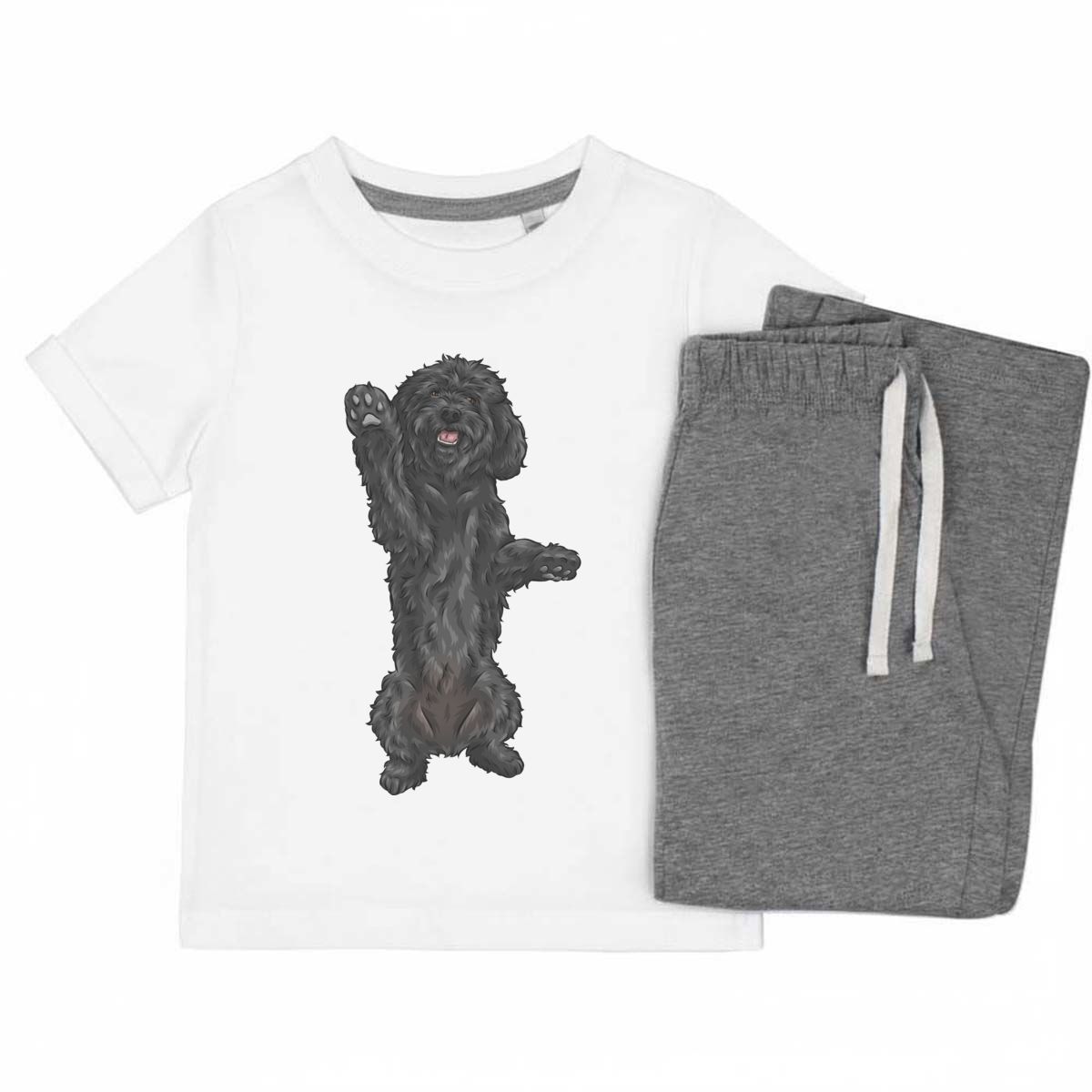'Black Cockapoo' Kids Cotton Pyjama Set – Comfortable Children's Nightwear, Sleepwear and Loungewear - Black Doodle Dog Begging Pose - Unisex for Boys and Girls - Grey, 9-10 Years 