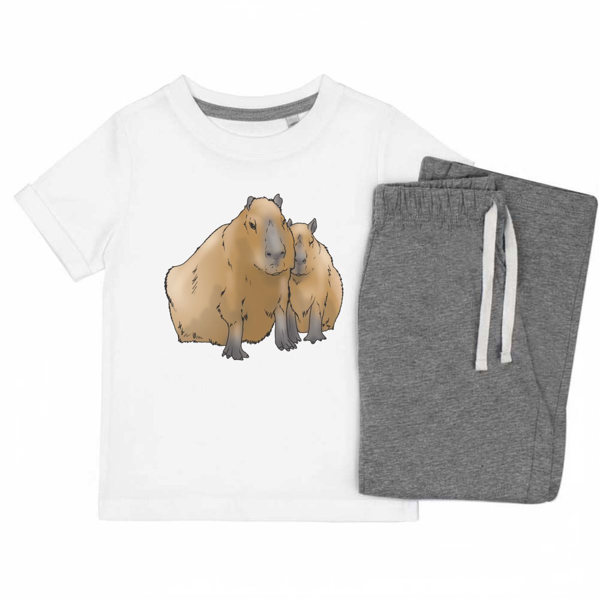'Cuddling Capybaras' Kids Cotton Pyjama Set – Comfortable Children's Nightwear, Sleepwear and Loungewear -  Unisex for Boys and Girls - Grey, 9-10 Years (KP00113654)