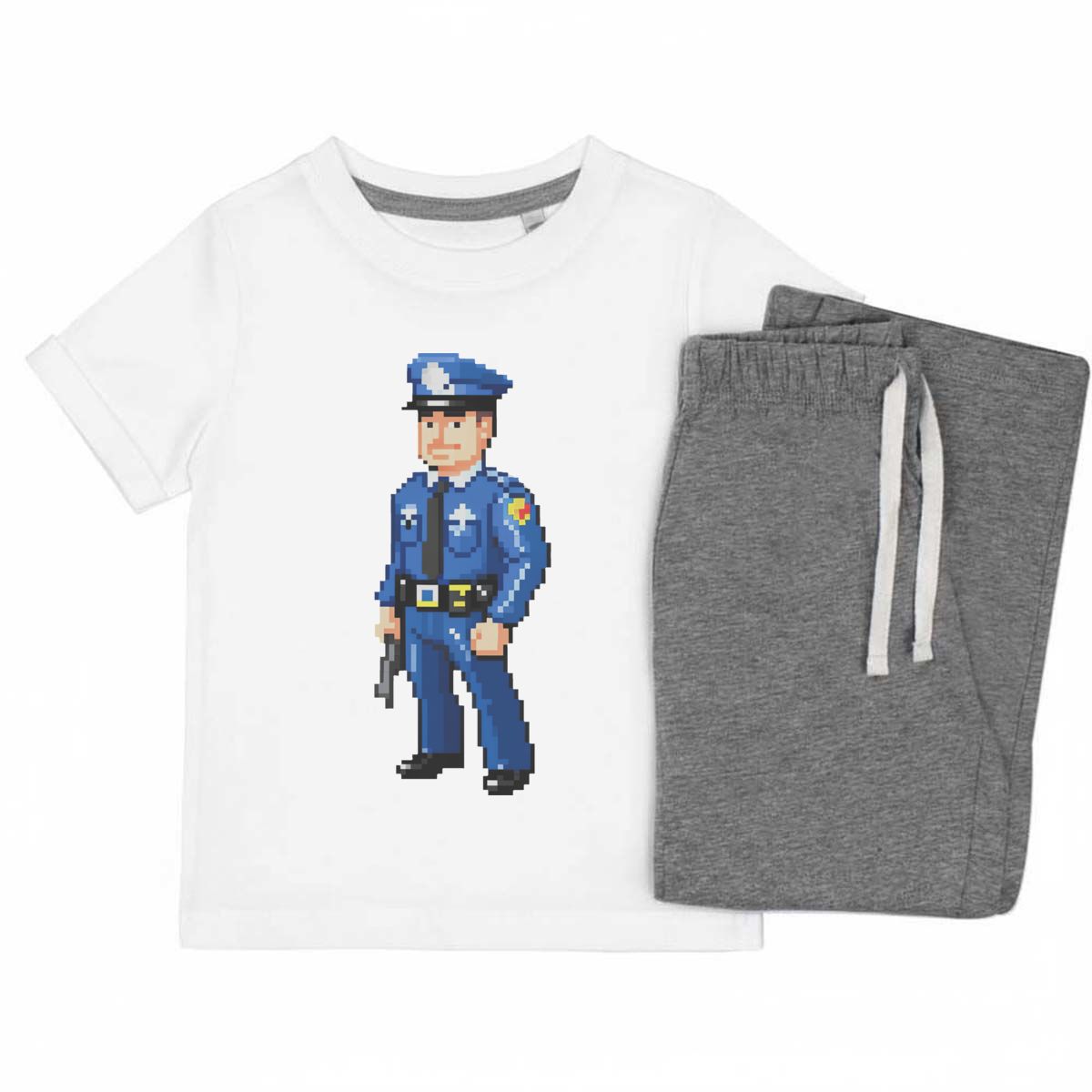 'Pixel Art Police Officer' Kids Cotton Pyjama Set – Comfortable Children's Nightwear, Sleepwear and Loungewear -  Unisex for Boys and Girls - Grey, 9-10 Years (KP00140804)