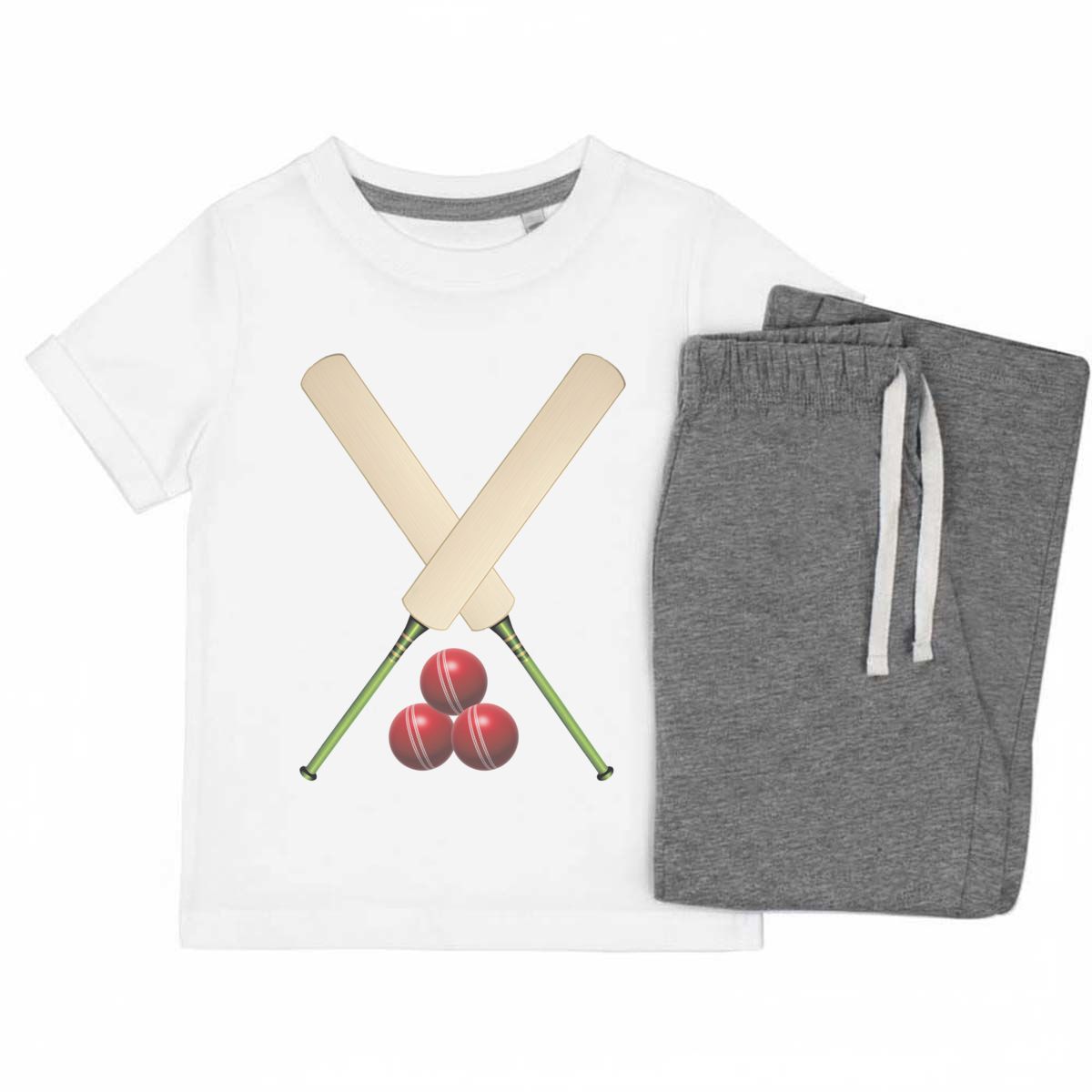 'Cricket Bats and Balls' Kids Cotton Pyjama Set - Grey, 9-10 Years - Children's Nightwear / Sleepwear for Boys and Girls (KP00171611)