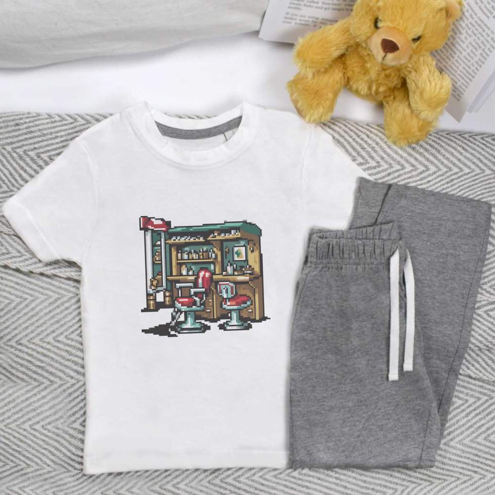 'Barber Shop Decor Pixel Art' Kids Nightwear / Pyjama Set (KP045229) - Picture 10 of 10