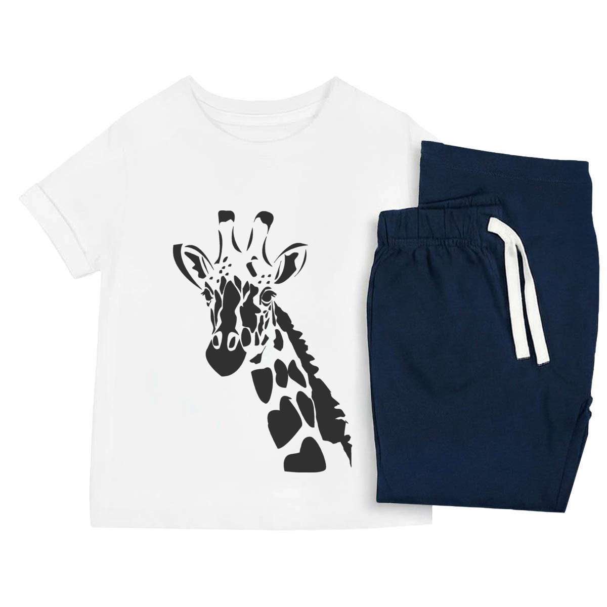 'Giraffe' Kids Cotton Pyjama Set – Comfortable Children's Nightwear, Sleepwear and Loungewear - Tall Safari Animal Silhouette Spots - Unisex for Boys and Girls - Navy, 3-4 Years (K
