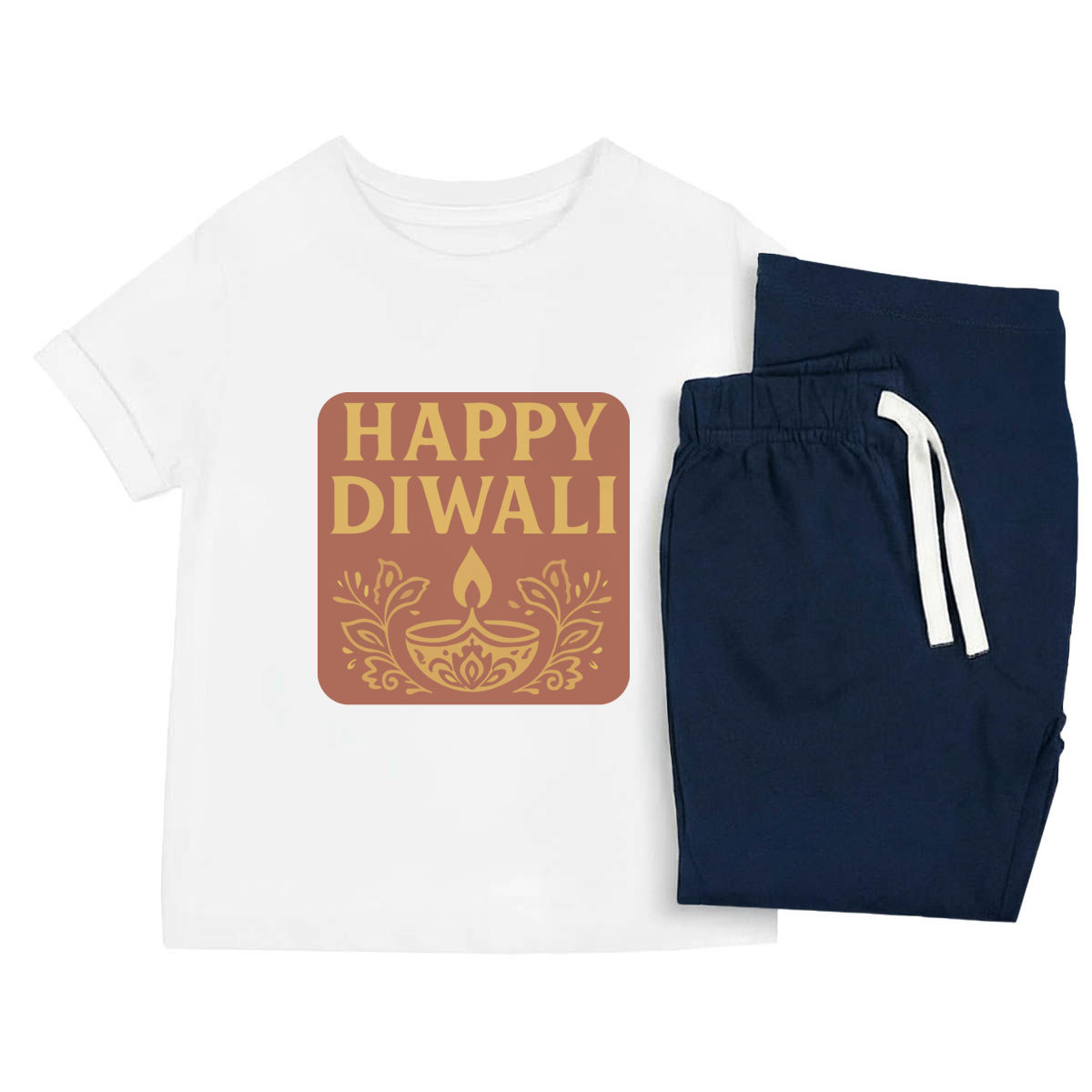 'Happy Diwali Festival Design' Kids Cotton Pyjama Set – Comfortable Children's Nightwear, Sleepwear and Loungewear -  Unisex for Boys and Girls - Navy, 5-6 Years (KP00399335)