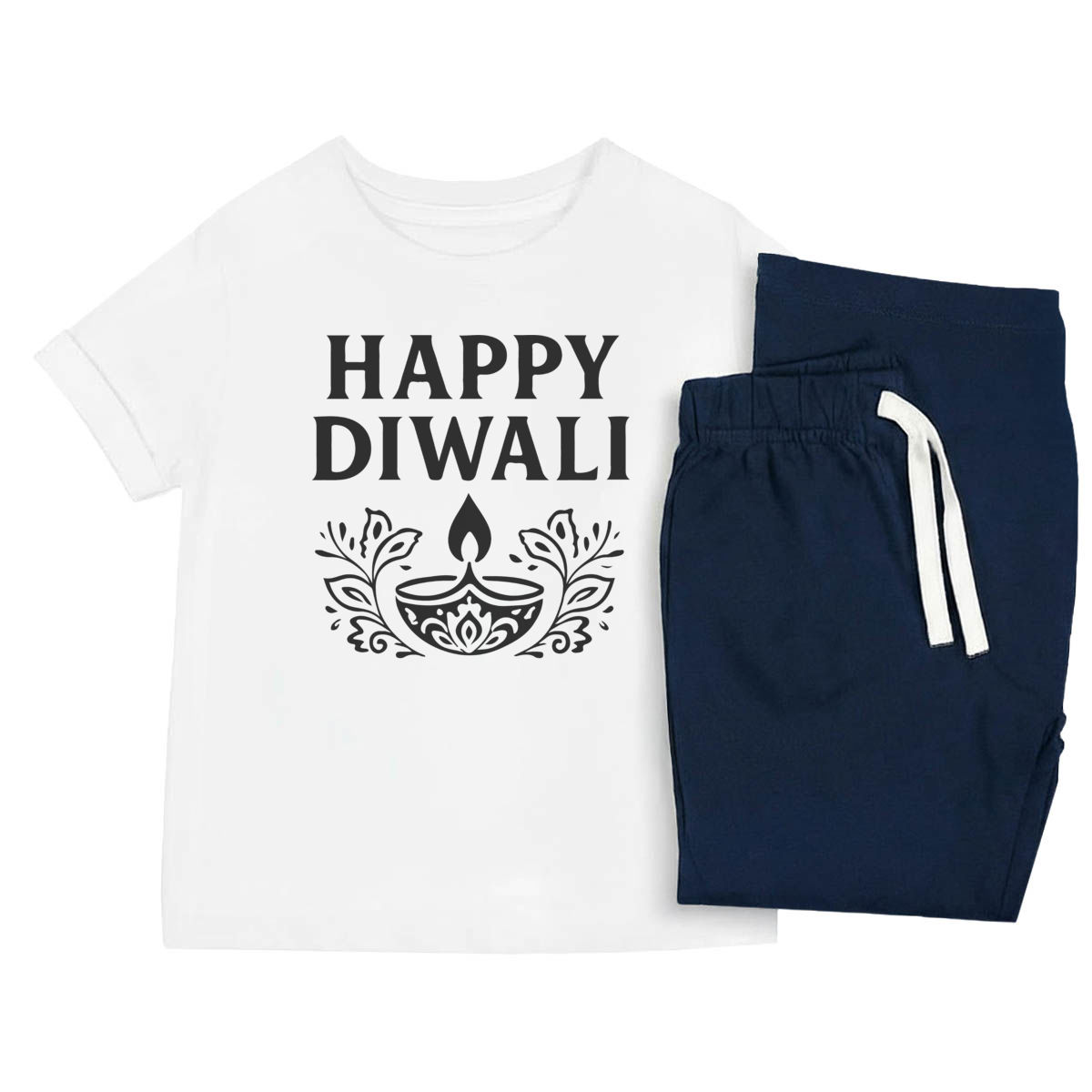 'Happy Diwali Festival Design' Kids Cotton Pyjama Set – Comfortable Children's Nightwear, Sleepwear and Loungewear -  Unisex for Boys and Girls - Navy, 7-8 Years (KP00399346)
