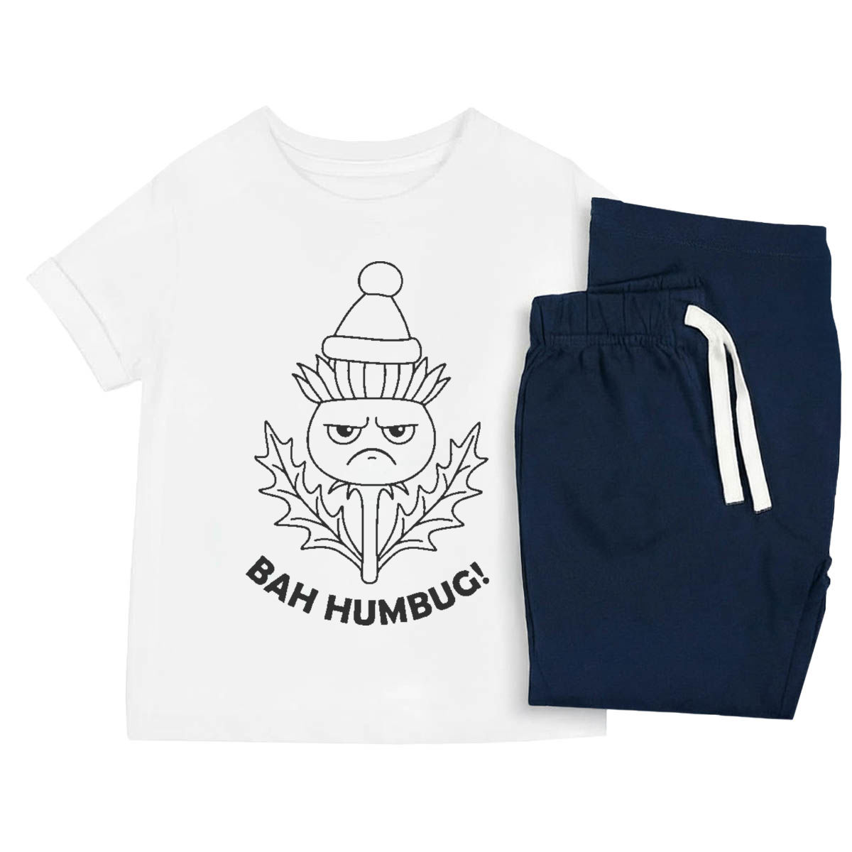 'Bah Humbug ! Grumpy Scottish Thistle ' Kids Cotton Pyjama Set – Comfortable Children's Nightwear, Sleepwear and Loungewear -  Unisex for Boys and Girls - Navy, 7-8 Years (KP004281