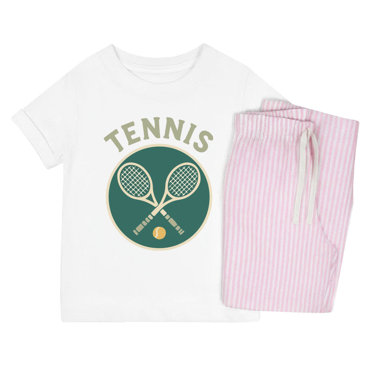 'Tennis Rackets' Kids Cotton Pyjama Set – Comfortable Children's Nightwear, Sleepwear and Loungewear -  Unisex for Boys and Girls - Pink, 11-13 Years (KP00399053)